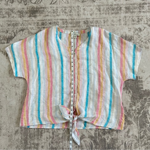 Coldwater Creek Multicolor Striped Button-Up Tie Front Linen Blouse Large Petite - Picture 6 of 11